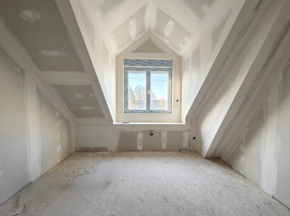 Pièce en cours de finition sous combles, cloisons et plafond en plaques de plâtre (BA13) avec bandes et enduit de jointement visibles