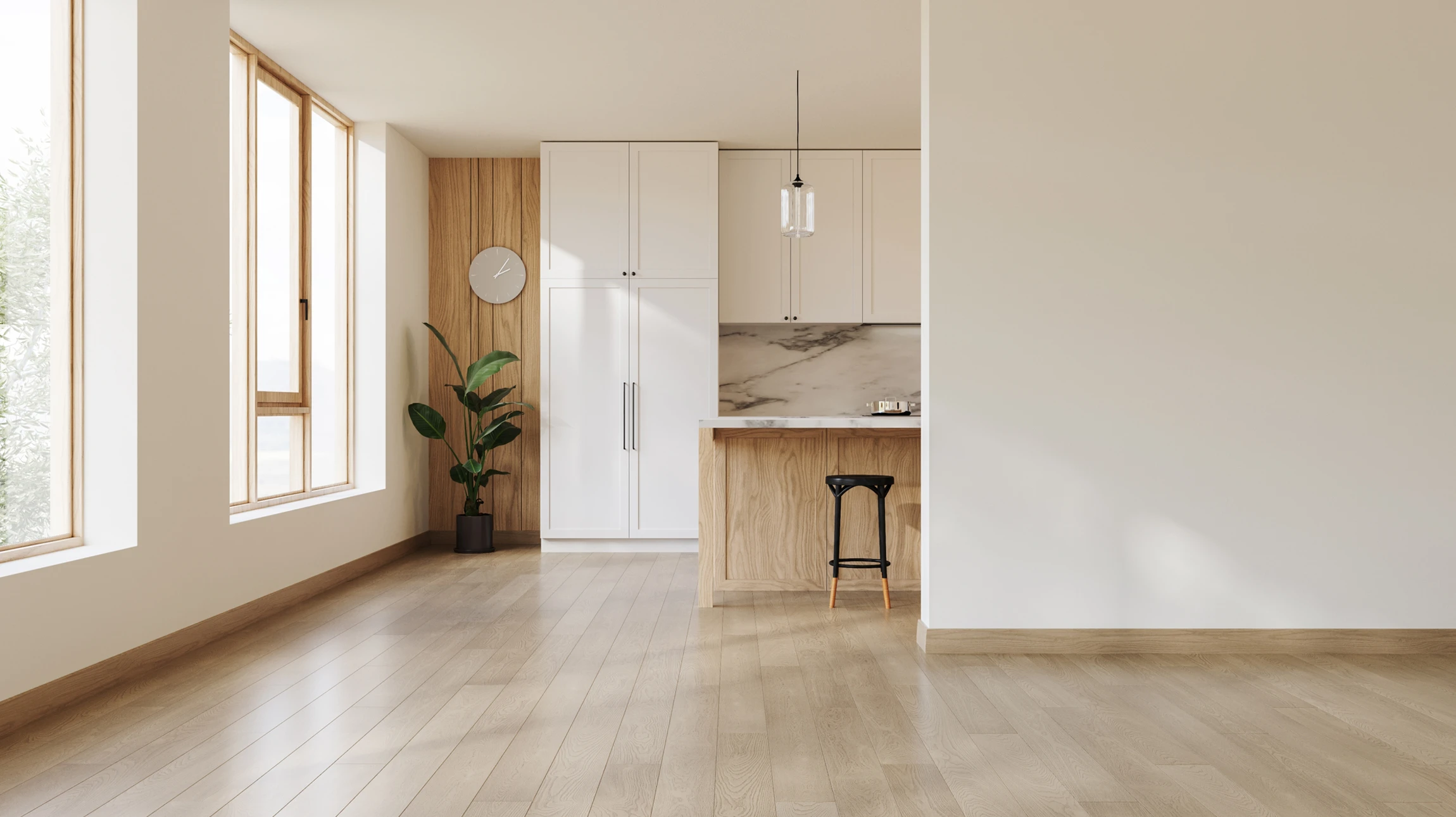 Artisan à genoux appliquant de la colle sur parquet en bois massif avec peigne crantée