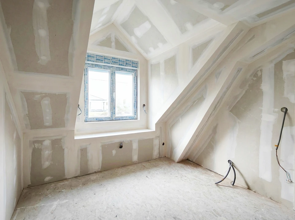 Deux ouvriers du b&acirc;timent installent un faux plafond en plaques de pl&acirc;tre dans un espace int&eacute;rieur en construction